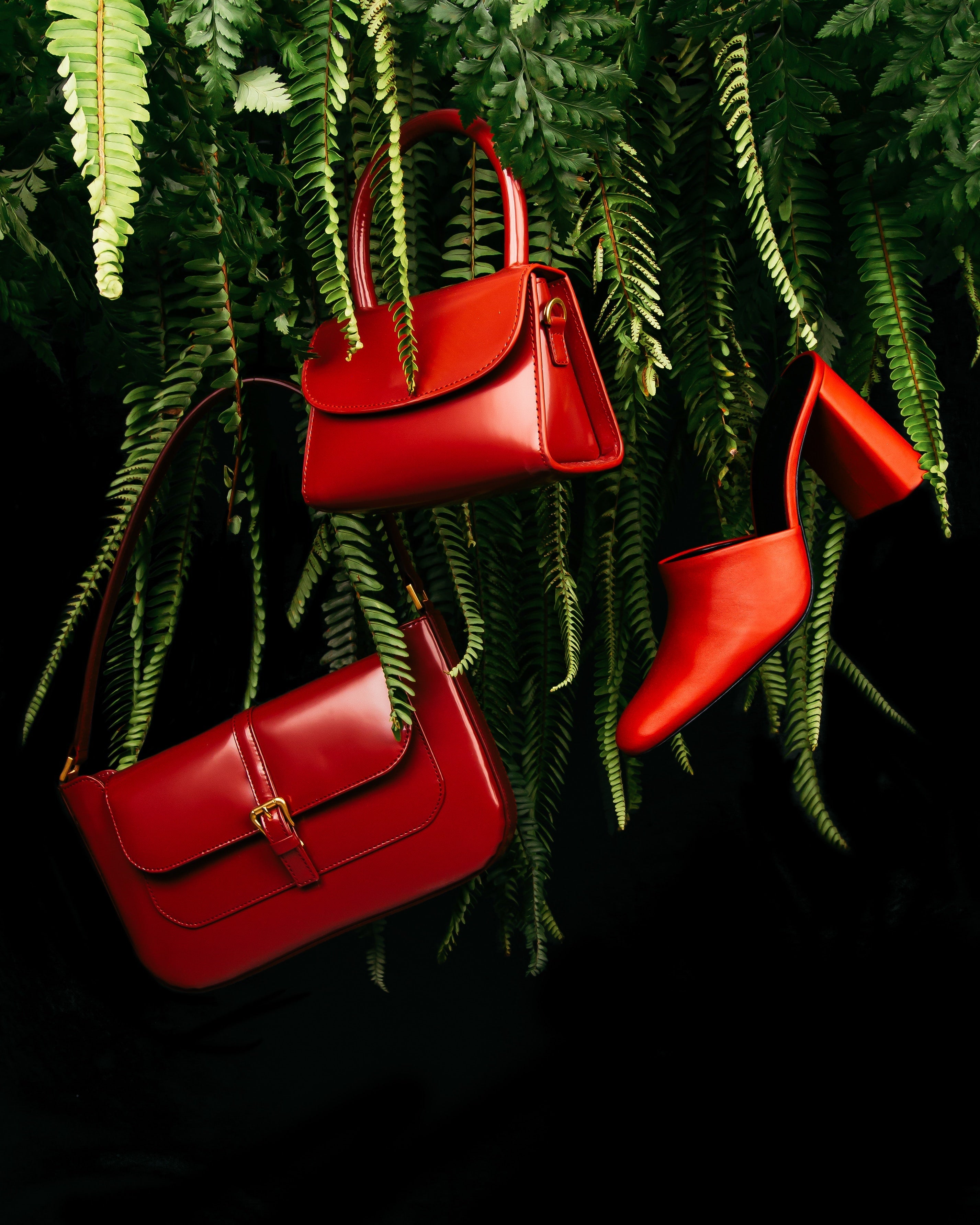 handbags hanging on tree