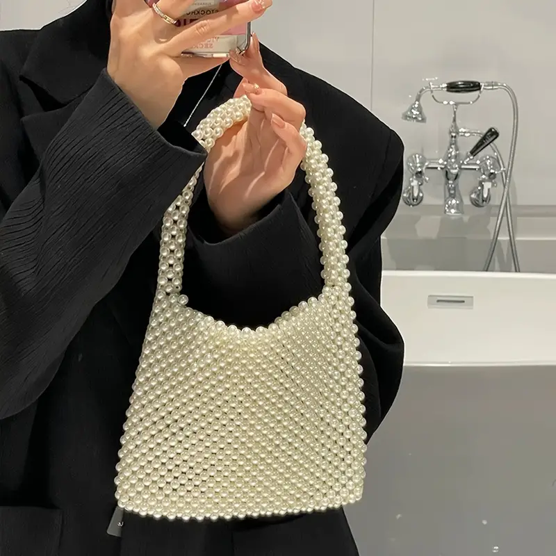 Handmade Pearl and Flower Top-Handle Bag