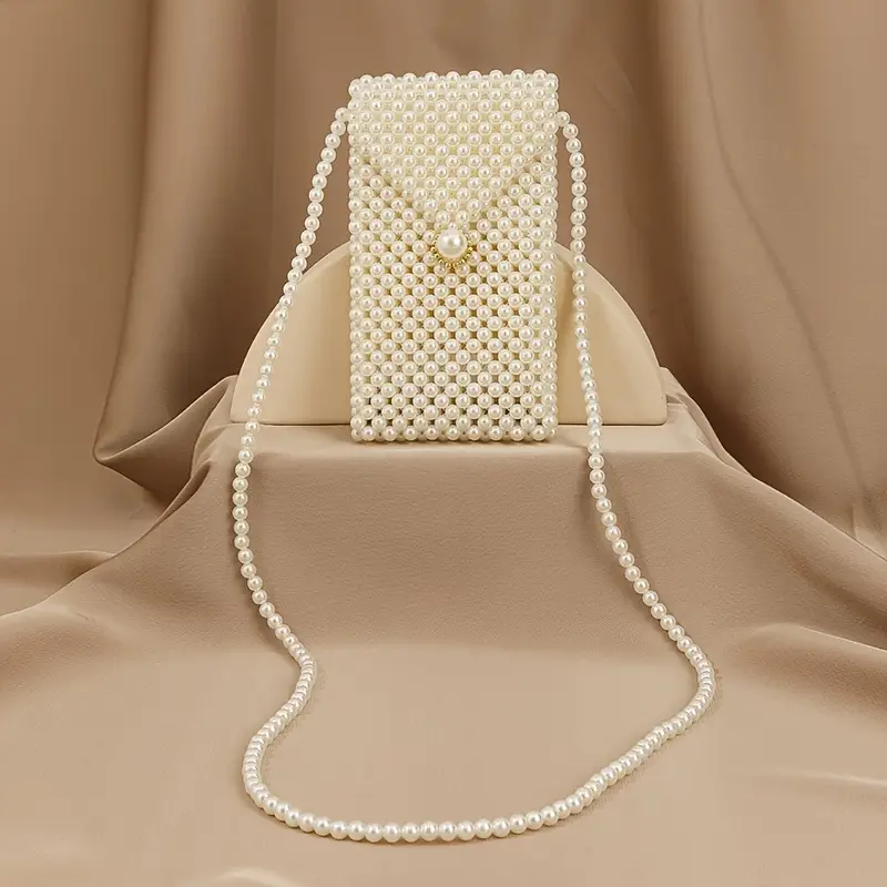 Hand-Woven Pearl Crossbody Phone Bag