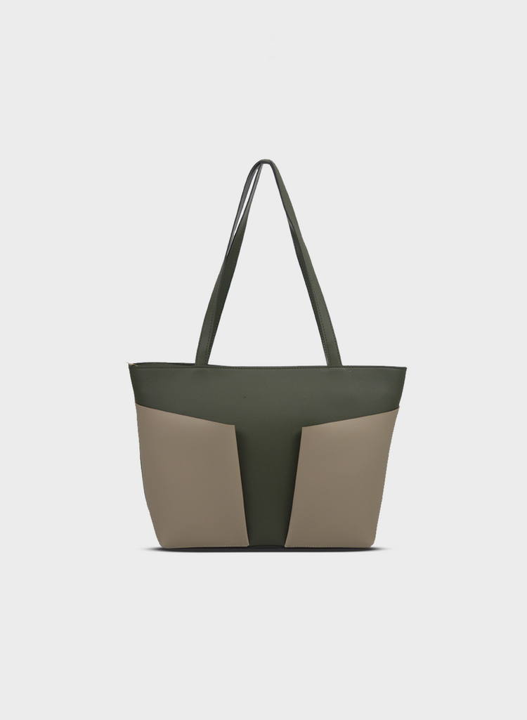 Tote bag with Front Pocket - Olive / Beige